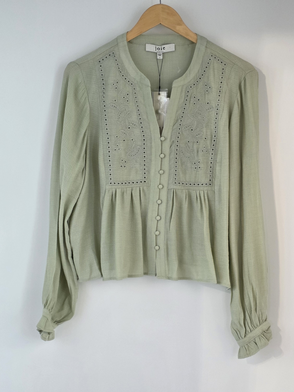 Joie Sage Green Embroidered Button-Front Long Sleeve Peasant Top Size Large